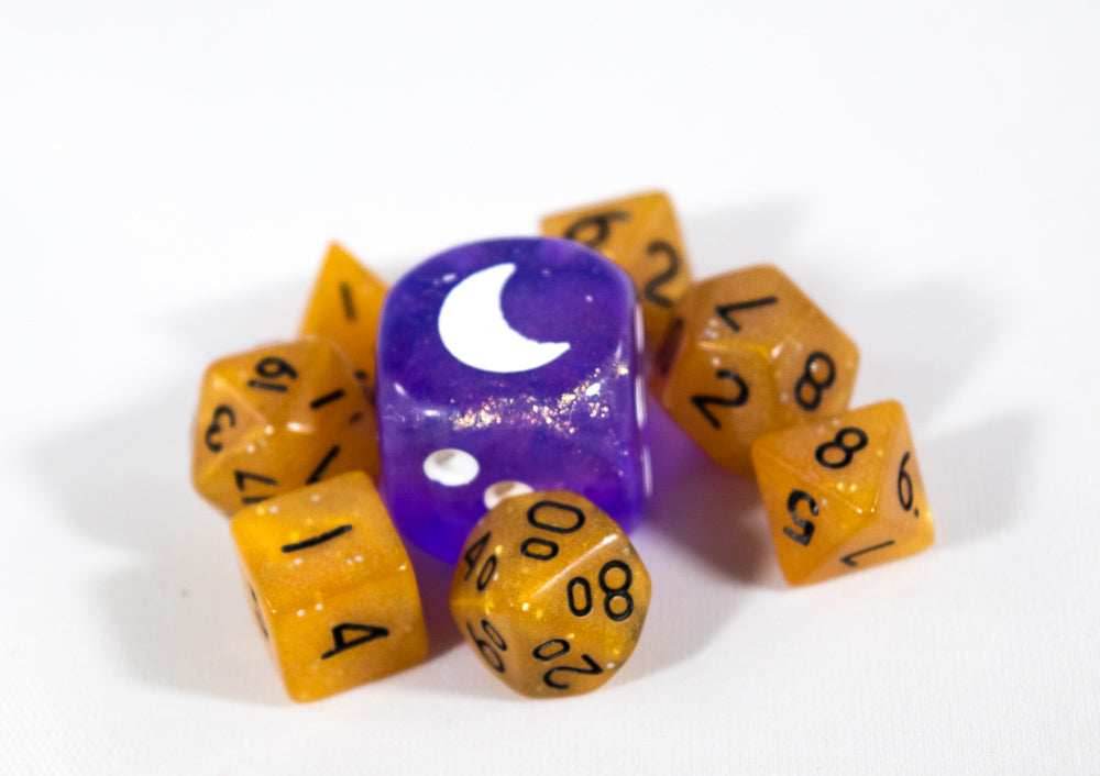 Orange Semi-Translucent Miniature Poly Dice Set Small (7) w/ Silver Glitter RPG DnD Mini Cute BrycesDice -