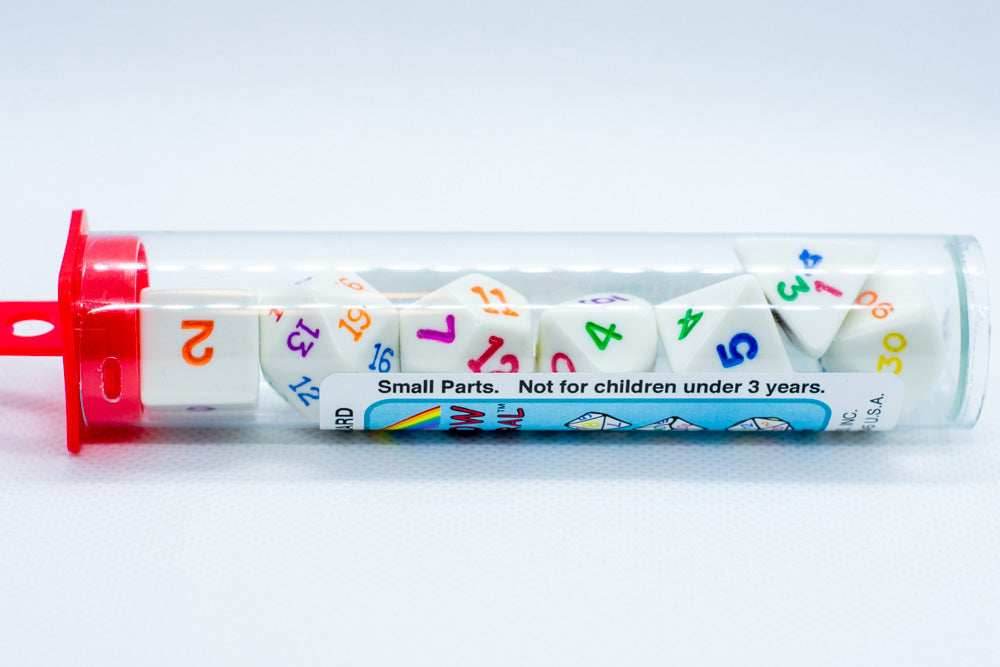 Rainbow Polyhedral Dice 7-Dice Piece Set White w/ Rainbow Color Numbers -