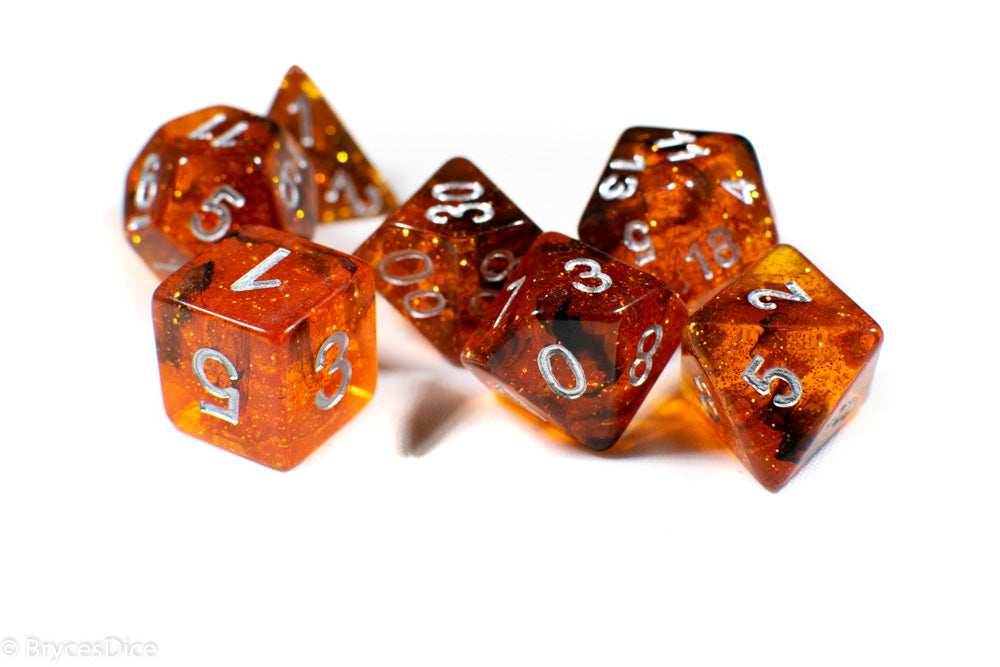 Orange w/ Black Swirl and Silver Ink 7-Dice Set DND RPG -
