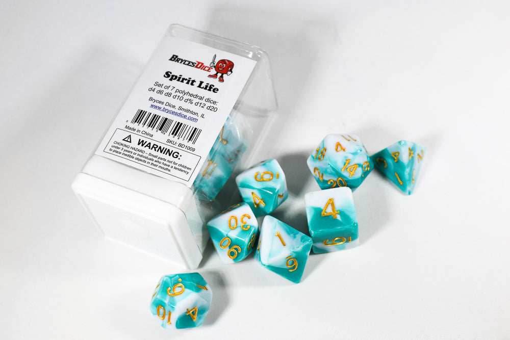 Spirit Life Dual Color Swirl Green/White (some have rough edges) - Dice in Box w/ Insert