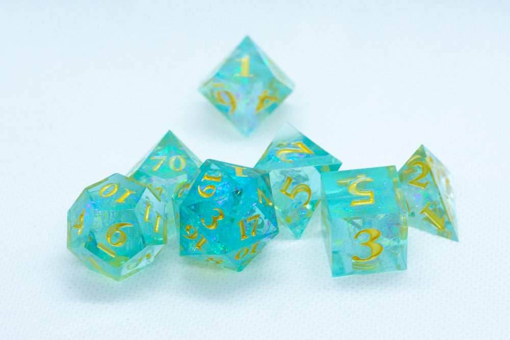 Sea-Foam Sharp Edge Resin 7-Dice Dice (Soft Blue w/ Gold Numbers) -