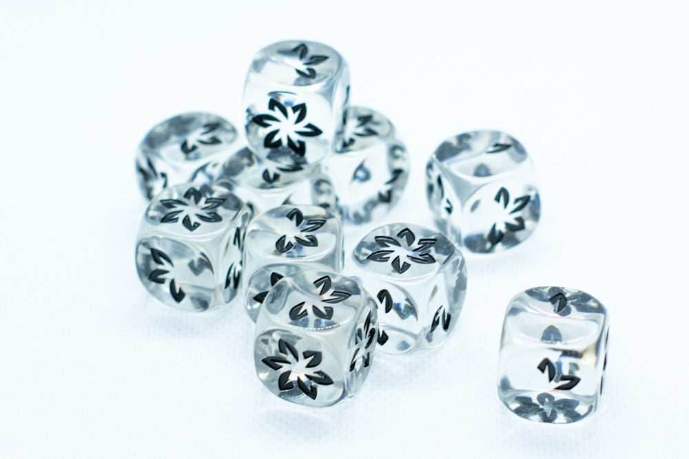 Clear w/Black Falling Petals Dice 16mm D6 Flower Dice (sold per die) -