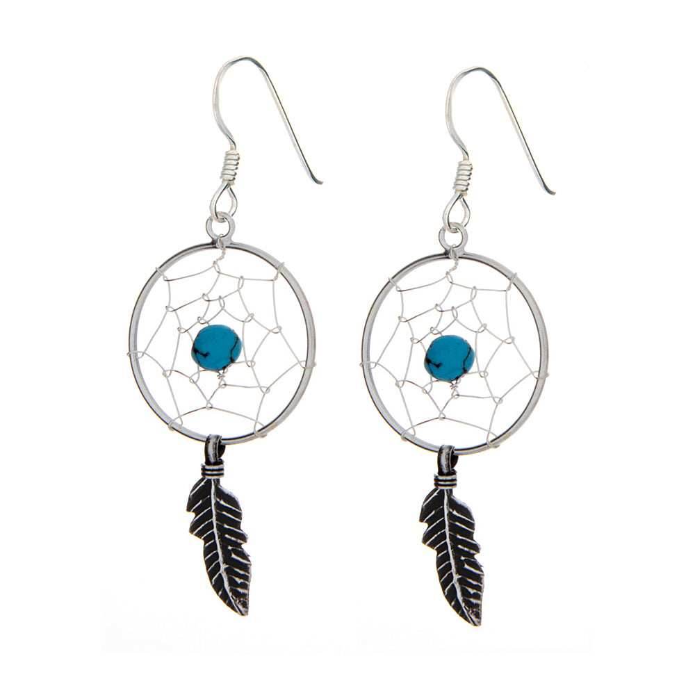 Dreamcatcher Earrings with Dangling Feather and bead -