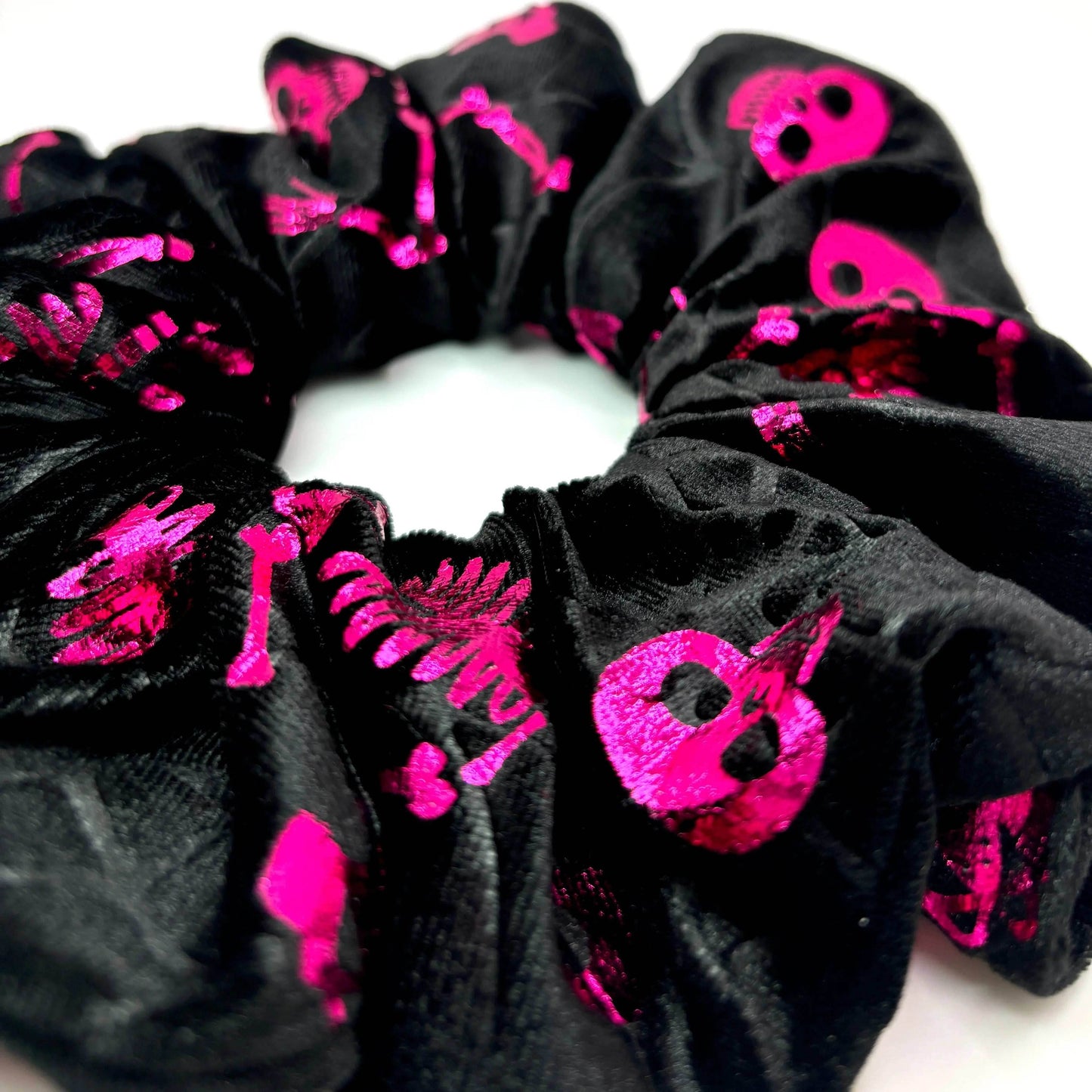 Pink Skeleton Velvet Halloween Scrunchie -