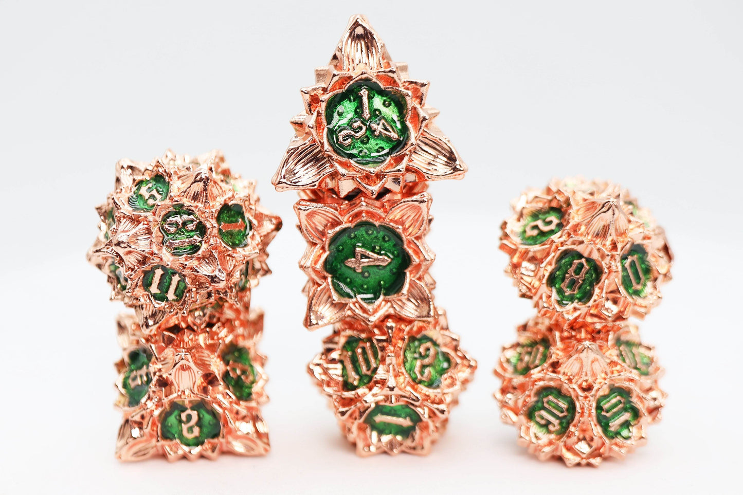 Floral Starburst: Emerald Caladium - Metal RPG Dice Set -