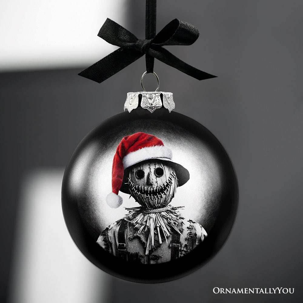 Scarecrow Christmas Spooky Portrait Glass Ornament, Black Horror Halloween Tree Decoration -