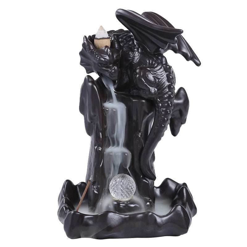 Dragon Waterfall Backflow Incense Burner Holder With LED Light Zen Crystal Ball -