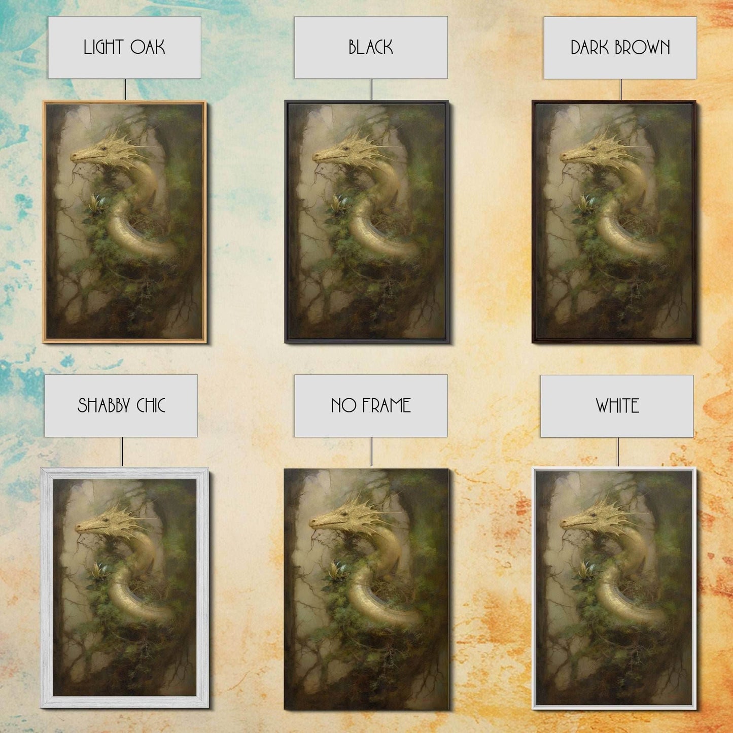 Majestic Green Dragon Wall Art, Framed Canvas Print, Dragon Fantasy Painting, Garden Dragon Abstract Fantasy Art - 8x12 Inches / Gallery Wrap Canvas - Ready To Hang