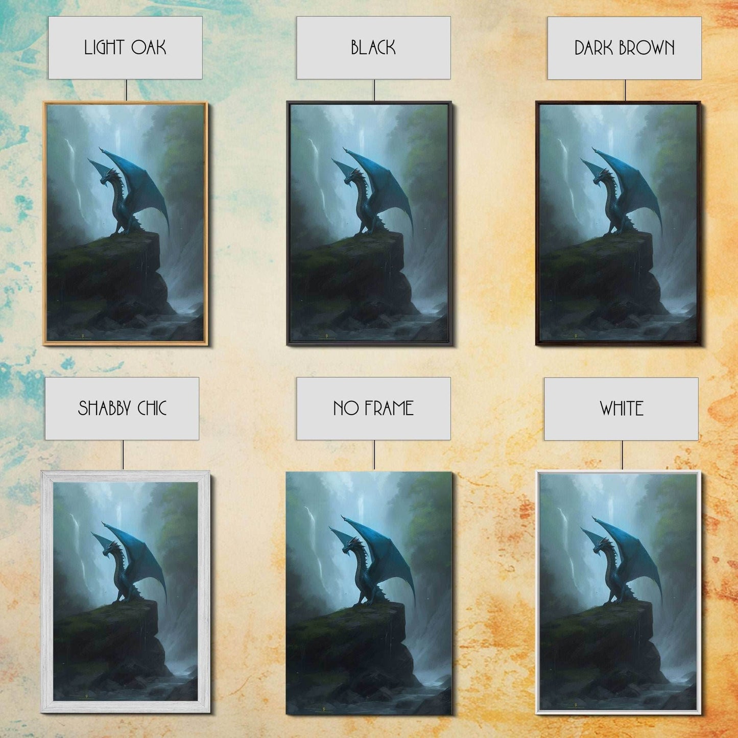 Majestic Forest Dragon Wall Art, Framed Canvas Print, Dragon Fantasy Painting, Forest Dragon Behind Secret Waterfalls Abstract Fantasy Art - 8x12 Inches / Gallery Wrap Canvas - Ready To Hang