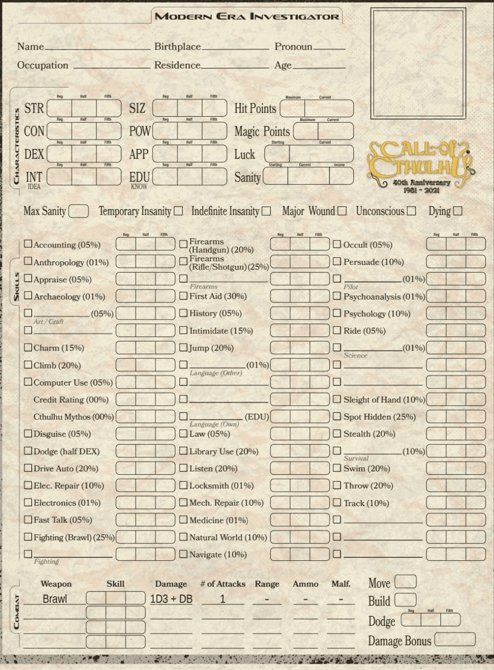 Modern - Standard and Pulp Cthulhu Character sheets by Chaosium -