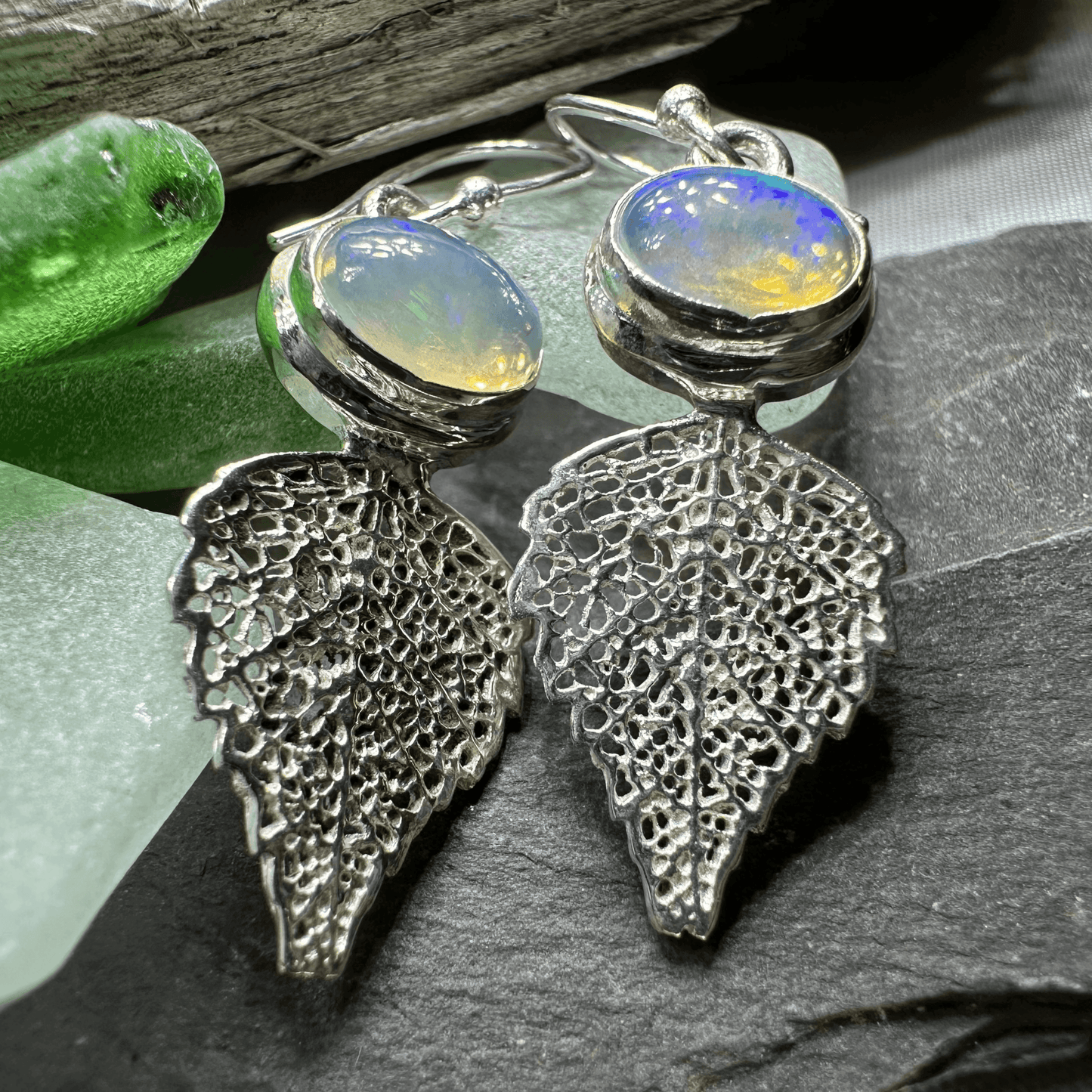 Celtic Leaf Opal Earrings -