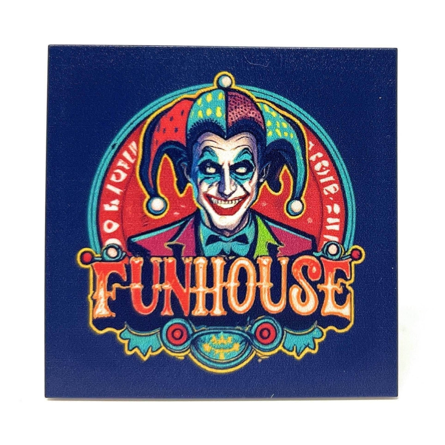Joker's Funhouse Vintage 6x6 Sign made using LEGO parts -