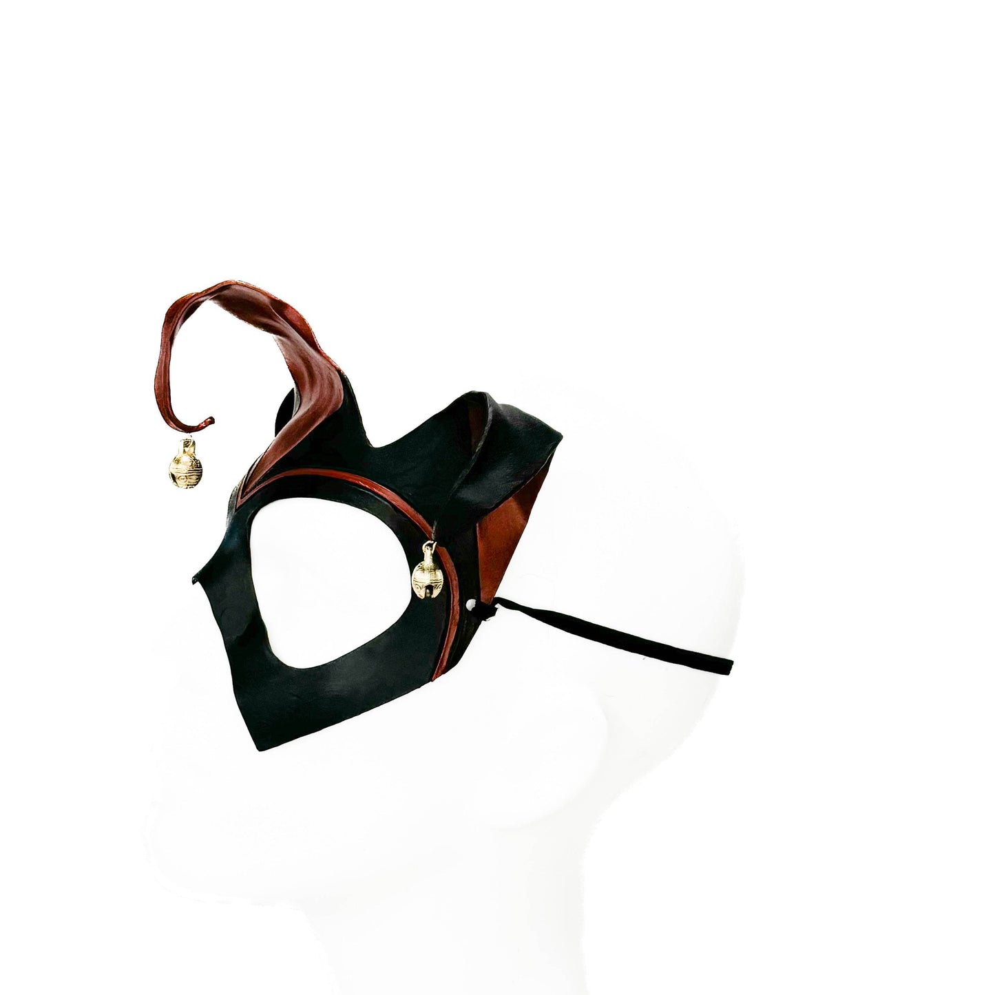 Handmade Genuine Leather Jester Mask in Red and Black With Tibetan Style Bronze Bells -