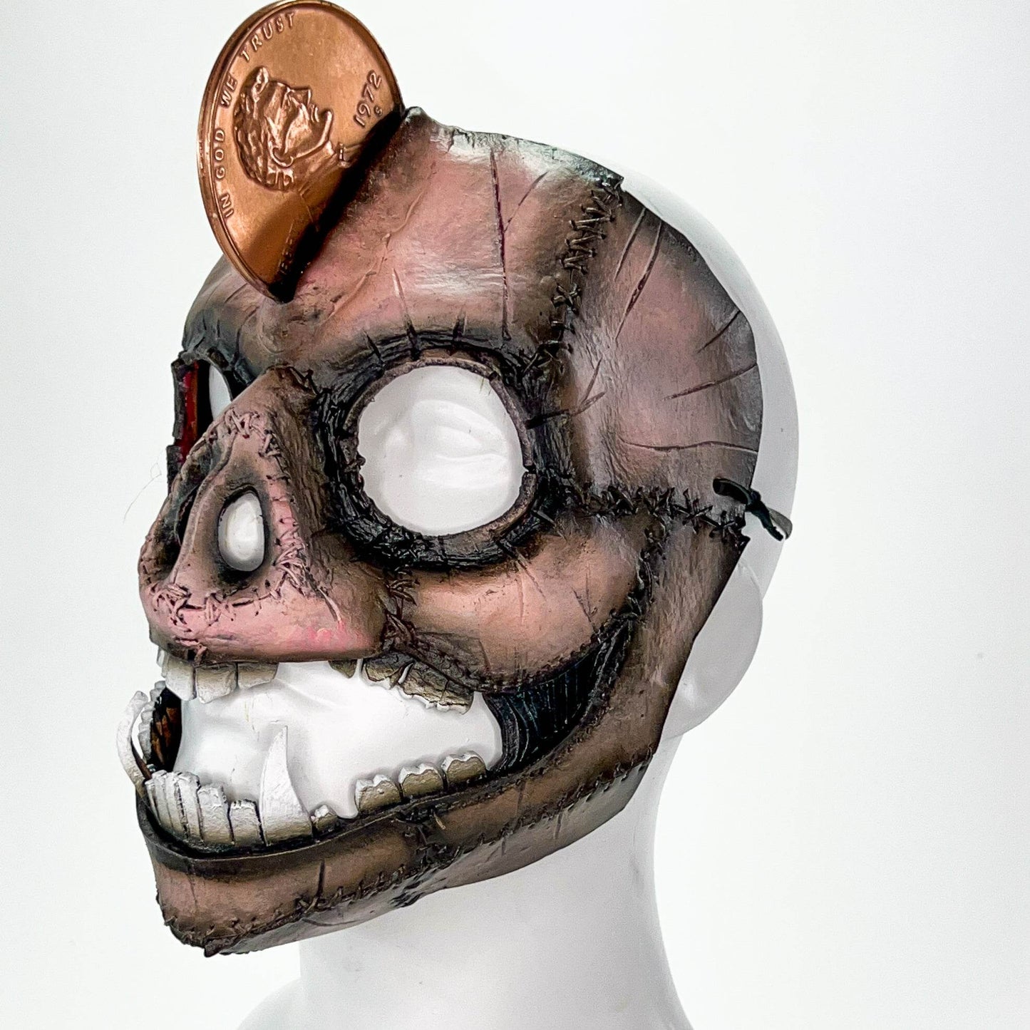 Demented Piggy Bank - Genuine Leather Mask - Real Copper Penny - Handmade Full Face Cover for Halloween or Performance Costume -