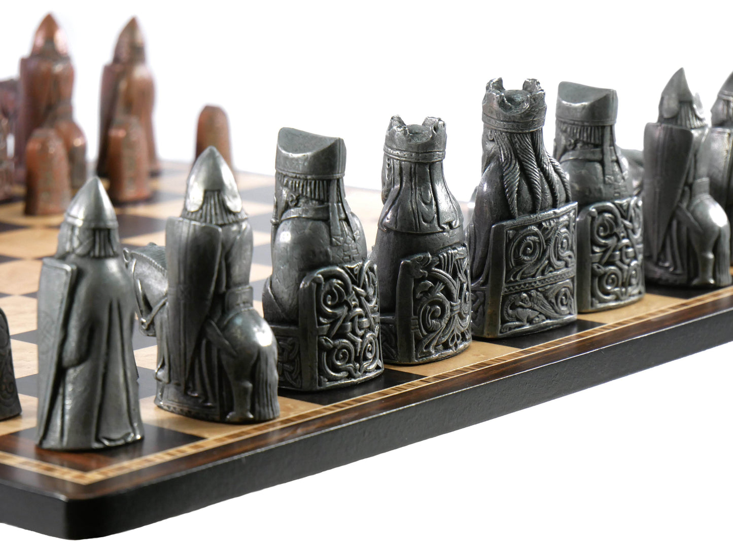 Chess Set- Metal Isle of Lewis Pieces on Ebony & Birdseye Maple Chess Board -