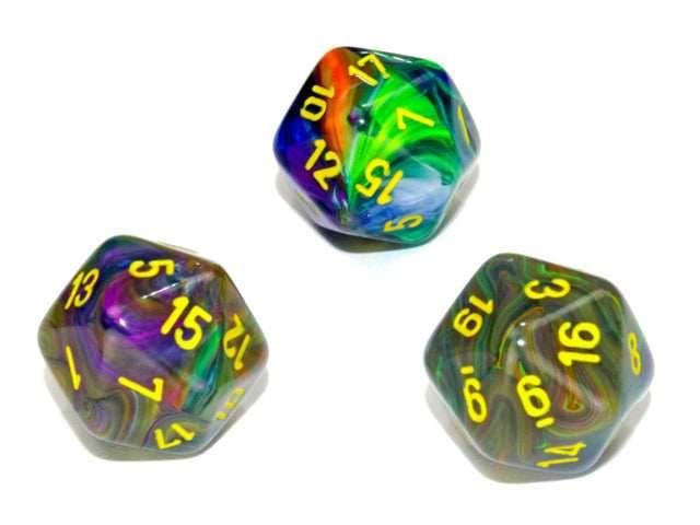 Single d20 Festive® Polyhedral Rio/yellow d20 (Sold per die) -