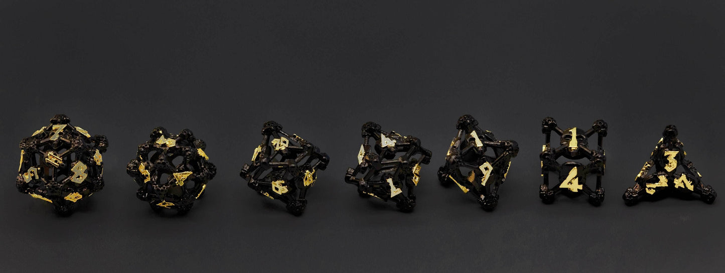 Black w/Gold Deadly Skull Dice Hollow Metal 7-Dice Set - 7-Dice Set