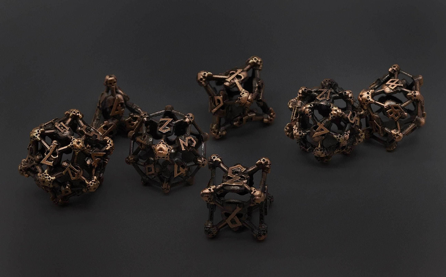 Copper Deadly Skull Dice Hollow Metal 7-Dice Set - 7-Dice Set