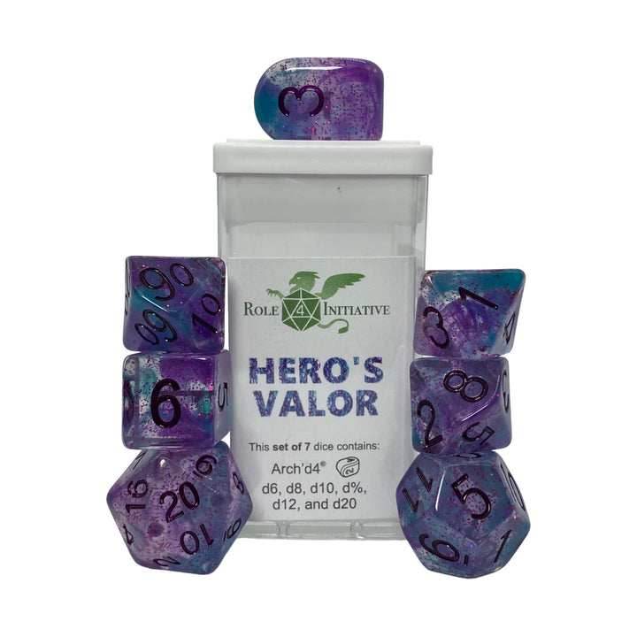 Hero's Valor | 7-Dice Set Purple & Blue Glitter Role4Initiative -