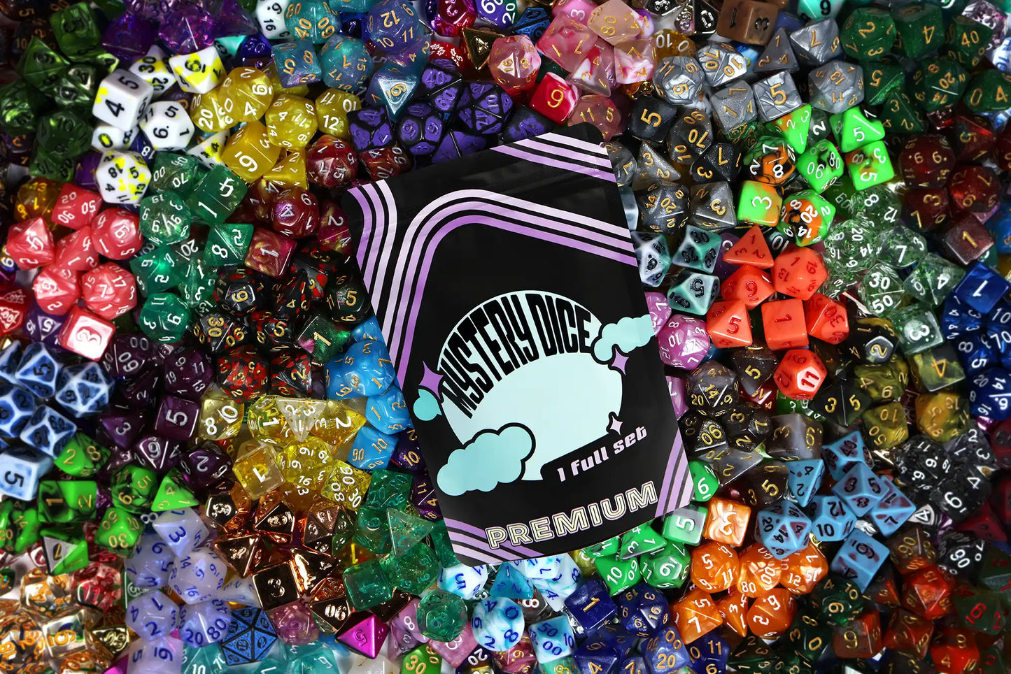 Premium Mystery Dice Set – 100's of different dice, stickers and pins! Handpacked in Portland, OR.