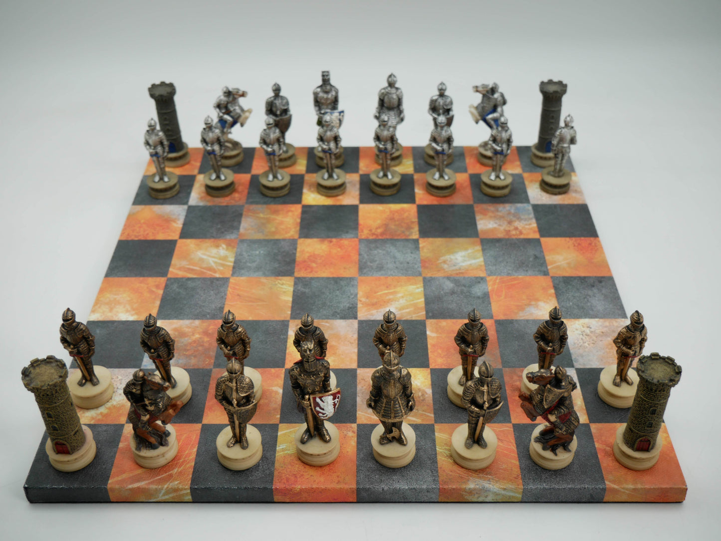 Chess Set - Painted Resin Medieval Knights Pieces on Fire & Dusky Black Faux Leatherette Chess Board -