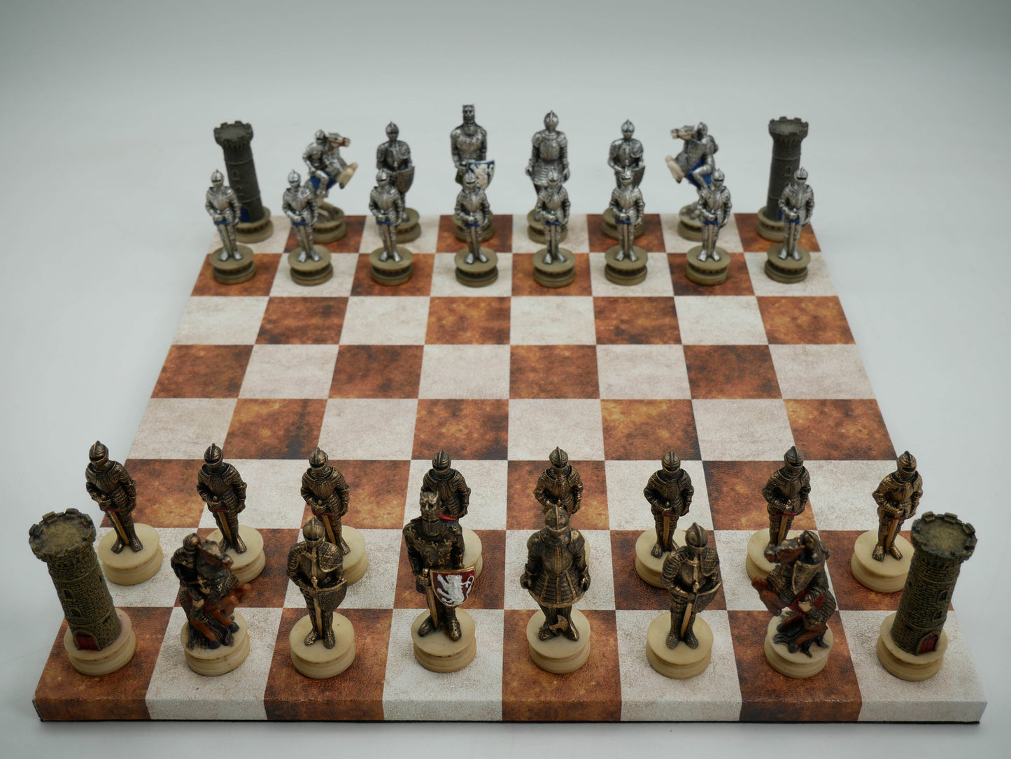 Chess Set - Painted Resin Medieval Knights Pieces on Caramel & Cream Faux Leatherette Chess Board -