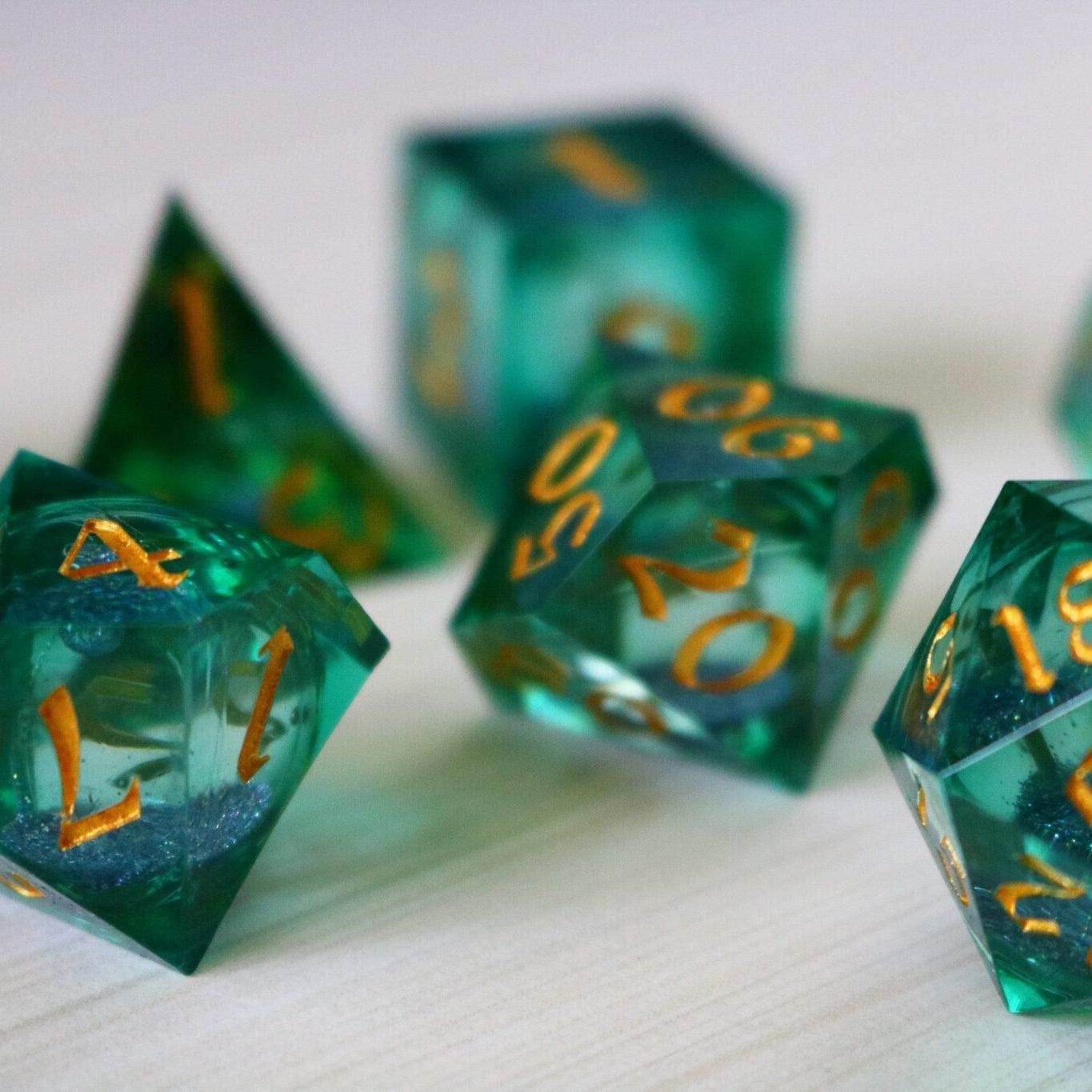 Sea Green Glitter Liquid Core Handmade Sharp Edge Resin DND Dice Set - Full Set And Free Dice Box