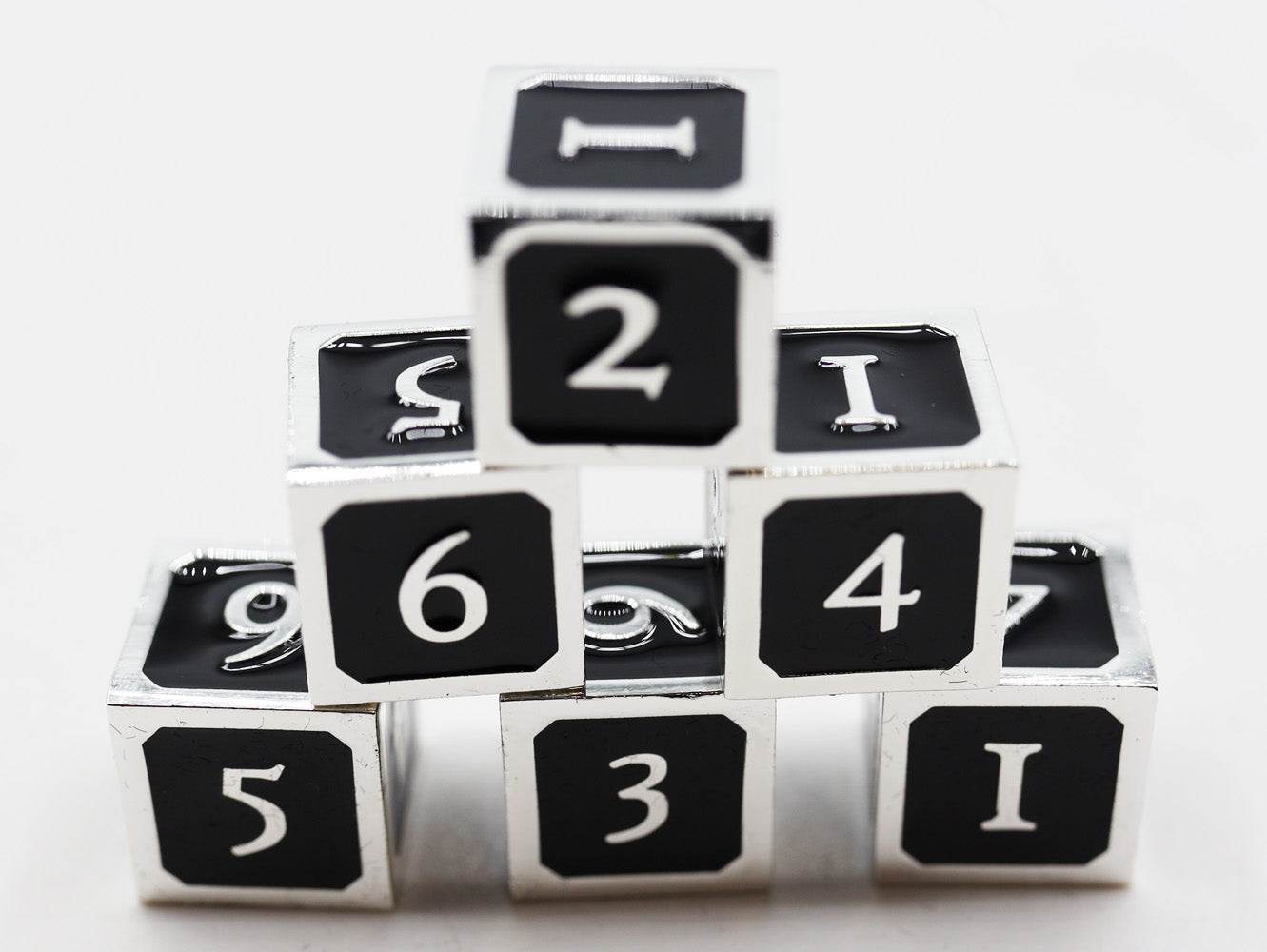 6 piece Metal D6's - Black and Silver -