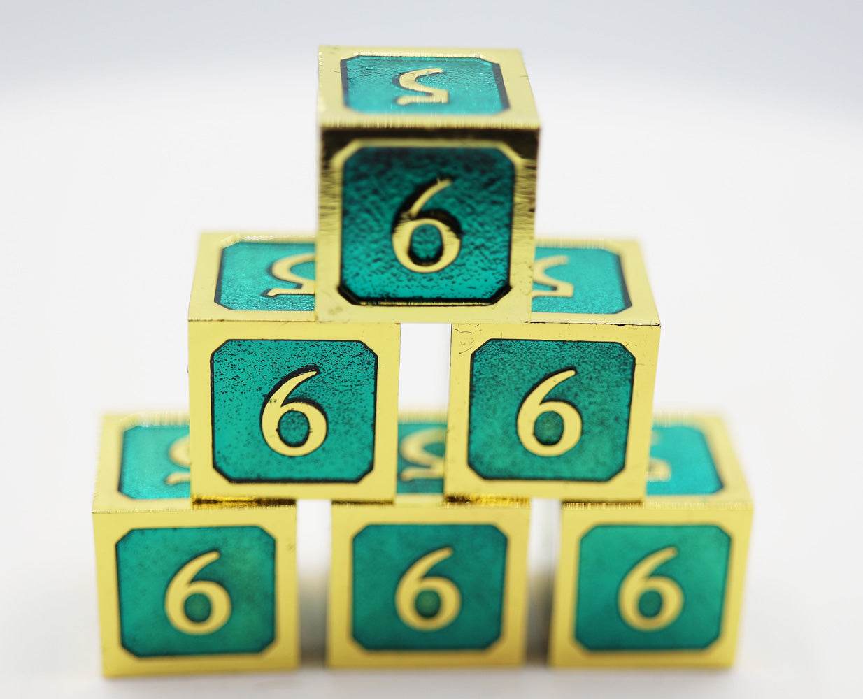 6 piece Metal D6's - Teal and Gold -