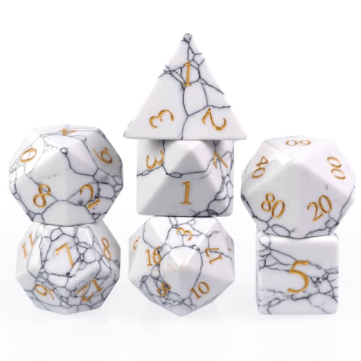 Howlite - Gemstone Engraved with Gold RPG Dice Set -