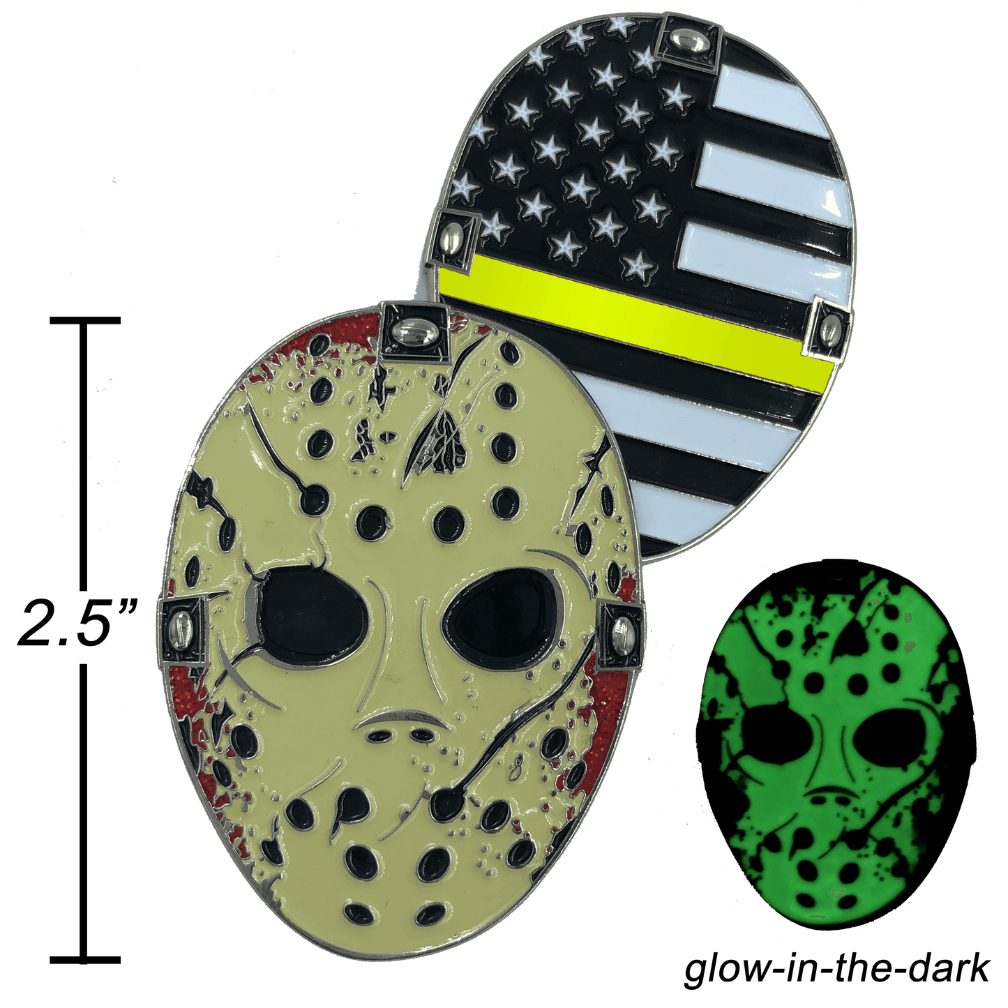 F-022 Thin Gold Line Jason Voorhees Challenge Coin Friday the 13th 911 Emergency Dispatcher Yellow TRUCKER truck driver -