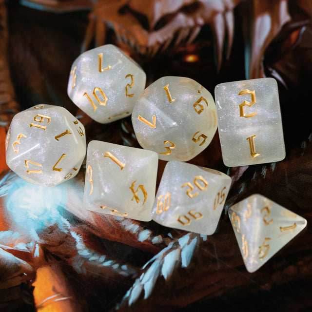 Glitter Party White Glitter Dice (Gold font) 7-Dice Set RPG DND -