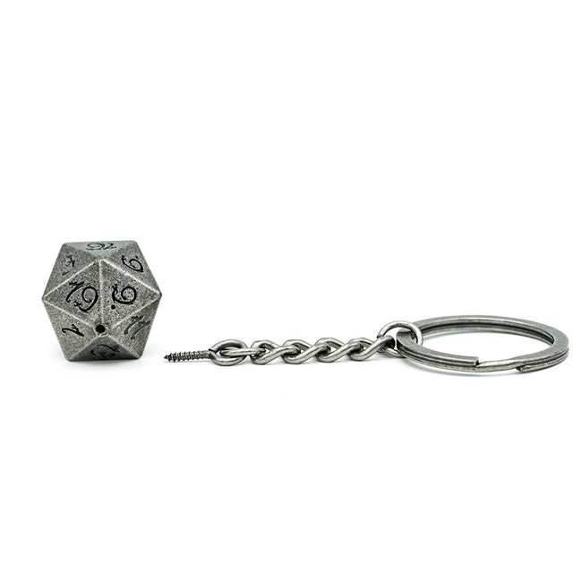 Nickel D20 Keychain Featuring Metal Dragon Font d20 -
