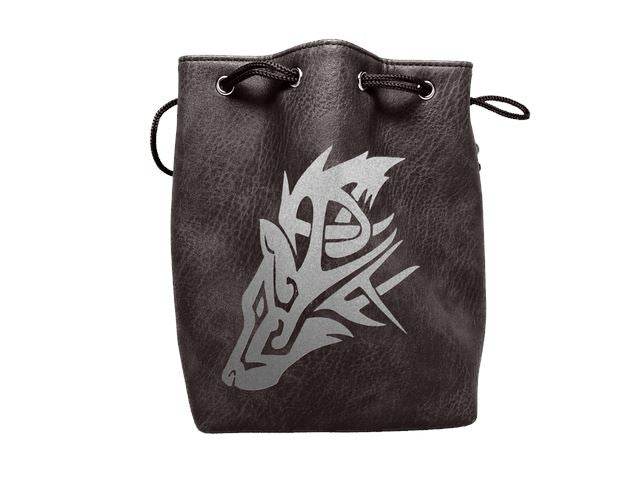 Black Leather Lite Wolf Design Self-Standing Large Dice Bag -