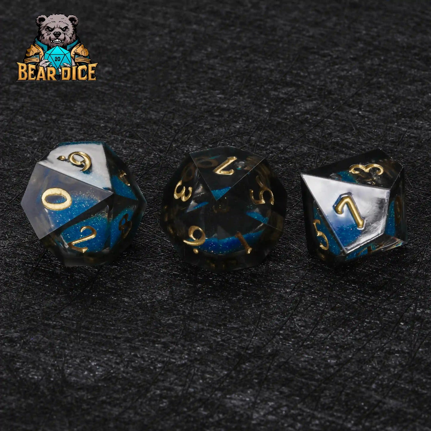 Blue Liquid Core Resin D10 Dice Set + Gold Numerals (D10 Dice)