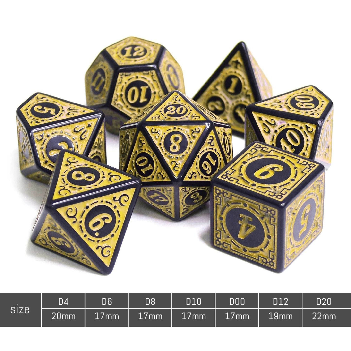 Yellow Magic Flame 7-Dice Set DND RPG Dice Black w/Color Fill -