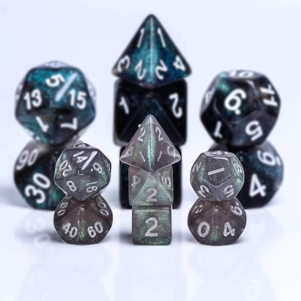 Grey Iridescent 7-Dice Mini-Dice RPG Set w/Silver Numbers Miniature Dice -