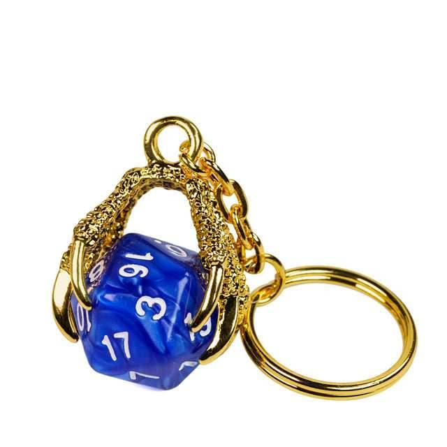 Claw Blue D20 Keychain Featuring Gold Metal Dragon Claw + d20 -