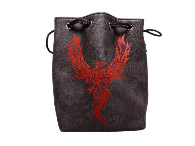 Black Leather Lite Phoenix Design Self-Standing Large Dice Bag -