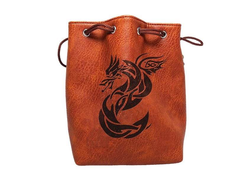 Brown Leather Lite Celtic Knot Dragon Design Self-Standing Large Dice Bag -