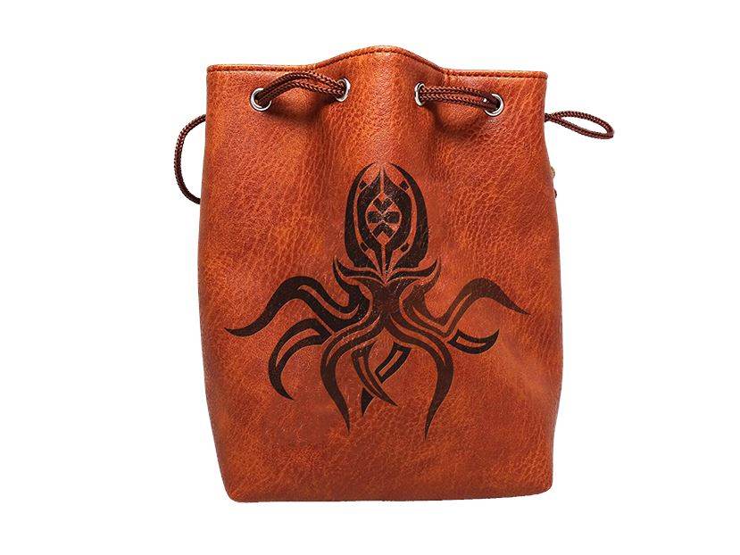 Brown Leather Lite Cthulhu Design Self-Standing Large Dice Bag -