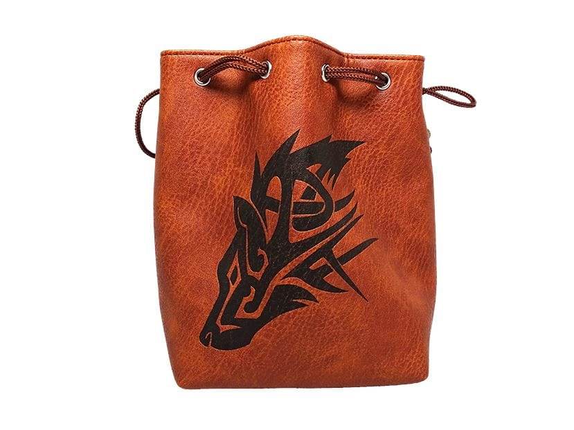 Brown Leather Lite Wolf Design Self-Standing Large Dice Bag -