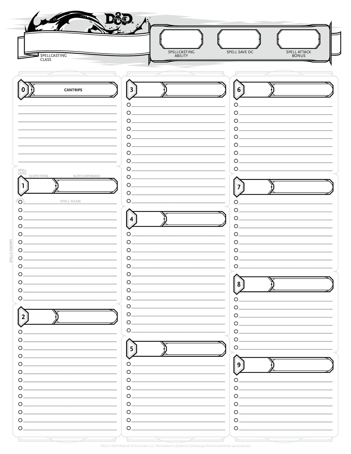 DnD 5e characters sheet free pdf download Wizard of the coast -