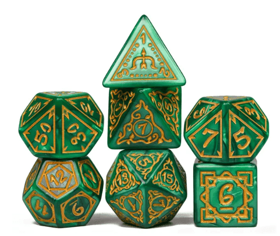 Druid Green Marble Pattern Dice | Green Dice w/Gold Art 7-Dice Set -
