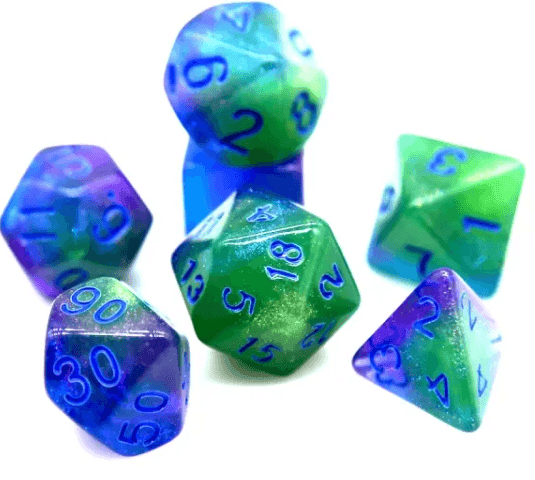 Glowing Sea 7-Dice Set Green/Blue w/Blue Glow-in-Dark Dnd Dice -