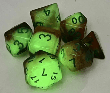 Glowing Galaxy 7-Dice Set Green/Orange w/Green Glow-in-Dark Dnd Dice -