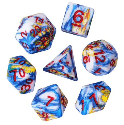 Fancy Multi-Colour Mix Pattern Dice 7-Dice Set w/Red Dnd Dice Resin -