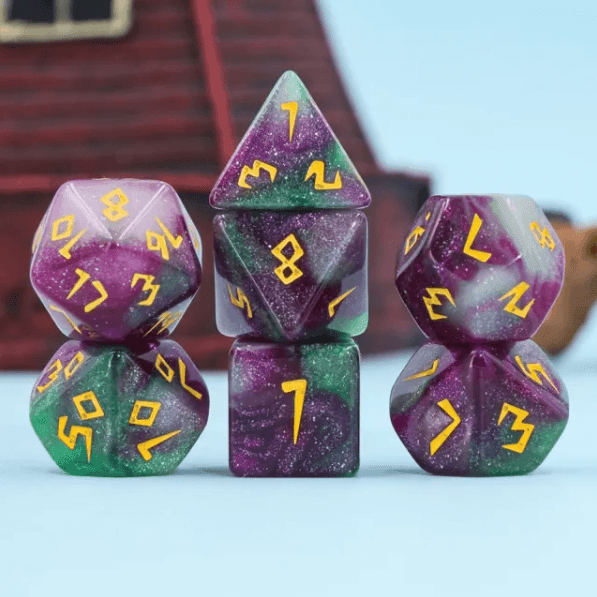 Violet Garden Dice 7-Dice Set | Purple and Green Glitter Primitive Font -