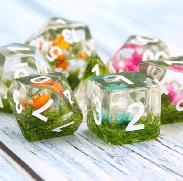Flower on Grass Dice 7-Dice Set | White Numbers Dnd Resin Set -