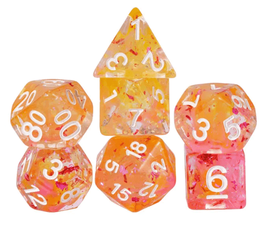 Orange & Pink 7-Dice Set | Swirl Foil Series Dice Semi-Translucent -